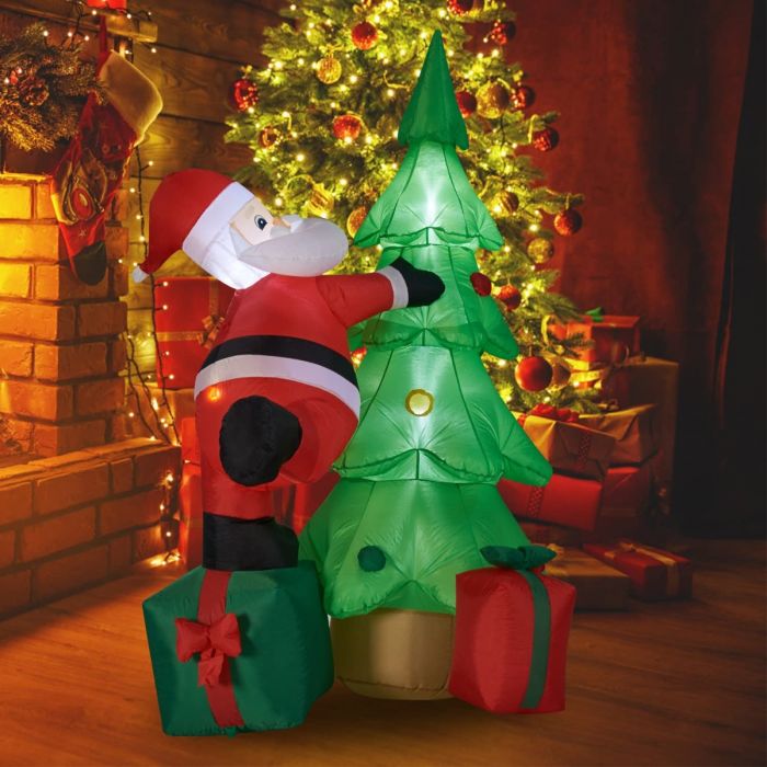 Airblown Inflatable Santa Claus Climbing Tree Chased by Puppy Dog 7 Foot Christmas Inflatables Tree Lighted for Home Outdoor Yard Lawn Decoration 