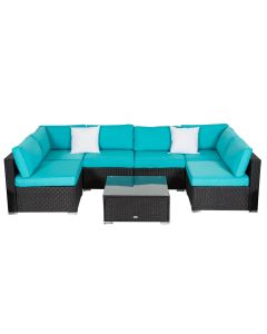 Kinsunny 7 Pieces Outdoor Sectional Sofa Patio Furniture Sets PE Wicker Rattan Patio Conversation Sets with Cushion and Glass Table for Lawn Pool Backyard-Turquoise