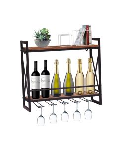 Kinsuite Industrial Wine Racks Wall Mounted with 2-Tiers 5 Stem Glass Holders Rustic Metal Hanging Wine Holder Accessories Wood Shelves for Kitchen Living Room Restaurant Dining Room