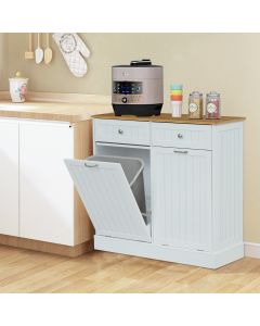 Kinsuite Double Kitchen Trash Bins, Dual Tilt Out Trash Cabinets with Drawer Kitchen Hide Garbage Cans, Free Standing Wooden Kitchen Trash Can Recycling Cabinet Trash Can Holder, White