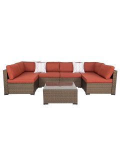 Kinsunny 7 Pieces Outdoor Sectional Sofa Patio Furniture Sets PE Wicker Rattan Patio Conversation Sets with Cushion and Glass Table for Lawn Pool Backyard-Maple Red