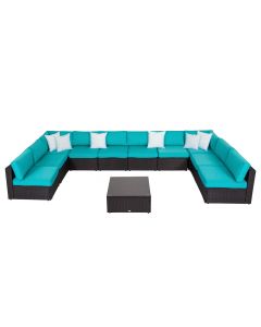 Kinsunny Outdoor Sectional Set - 11 Pieces Patio Furniture Set, Outdoor Wicker Sofa Couch with Comfortable Cushions, Turquoise