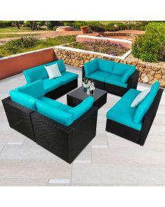 Kinsunny Patio Furniture Set - 9 Pieces Outdoor Sectional Set, PE Rattan Sectional Conversation Sofa Set with Thick Cushions -Turquoise