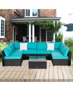 Kinsunny 7 Pieces Outdoor Sectional Sofa Patio Furniture Sets PE Wicker Rattan Patio Conversation Sets with Cushion and Glass Table for Lawn Pool Backyard-Turquoise