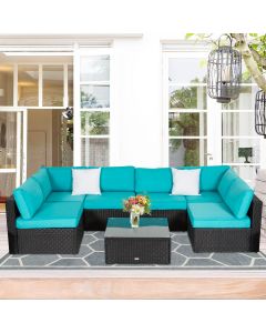 Kinsunny Outside Furniture - 7 Pieces Outdoor Sectional Sofa, Outdoor Wicker Patio Furniture Set with Cushions, Turquoise