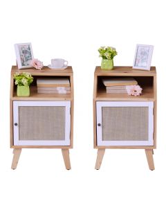 Kinsuite Set of 2 End Tables with Hand Made Rattan, Rustic Farmhouse Woven Fronts Nightstand, Side Table with Open Shelf and Storage Cabinet, Wood Bedside Table for Bedroom Living Room, Natural Color