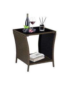 Kinsunny Patio Wicker Rattan Side Table Outdoor End Table,Outdoor Coffee Table with Storage Tempered Glass Top Bistro Table for Poolside Porch, Black Gold