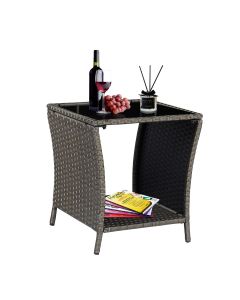Kinsunny Patio Wicker Rattan Side Table Outdoor End Table,Outdoor Coffee Table with Storage Tempered Glass Top Bistro Table for Poolside Porch, Gold Silver