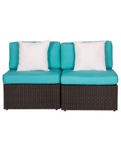 Kinsunny Outdoor Patio Sectional Furniture Set PE Black Wicker Rattan Loveseat 2 Piece Armless Chairs Conversation Sofa with Washable Turquoise Cushions and 2 Pillows, Turquoise