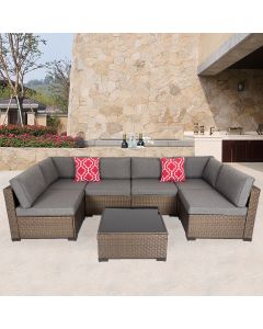 Kinsunny 7 Pieces Outdoor Sectional Sofa Patio Furniture Sets PE Wicker Rattan Patio Conversation Sets with Cushion and Glass Table for Lawn Pool Backyard-Dark Gray