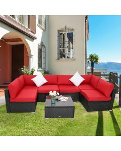 Kinsunny 7 Pieces Outdoor Sectional Sofa Patio Furniture Sets PE Wicker Rattan Patio Conversation Sets with Cushion and Glass Table for Lawn Pool Backyard-Red