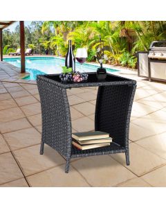 Kinsunny Patio Wicker Rattan Side Table Outdoor End Table,Outdoor Coffee Table with Storage Tempered Glass Top Bistro Table for Poolside Porch, Black Silver