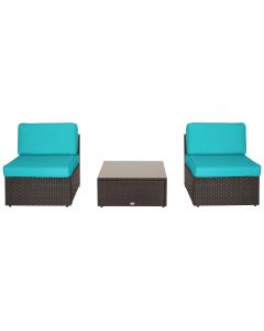 Kinsunny 3 Piece Outdoor Patio Furniture, Sectional Sofa Set Black Wicker Rattan Loveseat Armless Chairs, Conversation Sofas with Washable Cushions and Coffee Table,  Turquoise