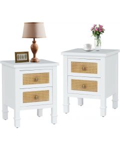 Kinsuite Set of 2 Nightstands Bedroom Sides Table - Modern End Table with Drawers Rattan, Side Table with Storage &amp; Solid Wood Legs for Bedroom Living Room Sofa Couch
