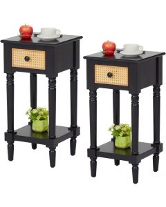 Kinsuite Side Table Tall Nightstand Set of 2, End Table with Rattan Decorated Drawer & Thickened Storage Shelf, Wood Retro Accent Table with Storage for Bedroom Living Room, Black