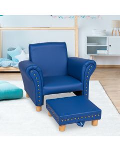 Kinsuite Kids Armchair & Ottoman Set - Toddler Couch with PVC Leather, Upholstered Baby Sofa Chair Kids Sofa，Girls & Boys’ Gift for Bedroom Living Room Nursery, Blue 