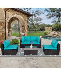 Kinsunny Outside Furniture - 5 Pieces Outdoor Sectional Sofa, Outdoor Wicker Patio Furniture Set with Cushions, Turquoise
