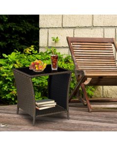 Kinsunny Patio Wicker Rattan Side Table Outdoor End Table,Outdoor Coffee Table with Storage Tempered Glass Top Bistro Table for Poolside Porch, Black Gold