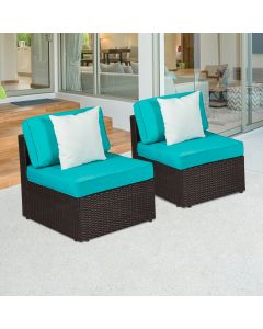Kinsunny Outdoor Patio Sectional Furniture Set PE Black Wicker Rattan Loveseat 2 Piece Armless Chairs Conversation Sofa with Washable Turquoise Cushions and 2 Pillows 