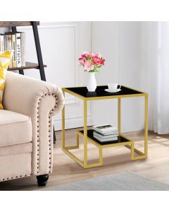 Kinsuite Accent End Table - Modern Brass Side Table with Storage Shelf, 2-Tier Tempered Glass Nightsrand for Living Room Bedroom Waiting Room, Black & Golden-2