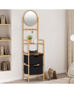 Kinsuite Bamboo Shelf Storage Cabinet - Freestanding Shelving Racks with 2 Drawers & 4 Hooks, Storage Corner Shelves with Adjustable Mirror for Living Room Bathroom Bedroom 