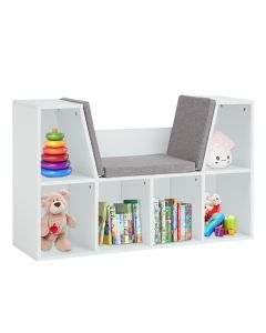 Kinsuite Kids Wooden Bookcase, 6-Cubby Multifunction Bedroom Storage Organizer with Reading Nook Storage Gray Cushion for Children, Gifts for Girls & Boys Bedroom Decor Room, White 