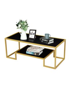 Kinsuite Accent Coffee Table - Modern Brass Center Table with Storage Shelf, 2-Tier Tempered Glass Center Coffee Table for Living Room Office Waiting Room, Black & Golden