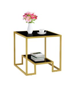 Kinsuite Accent End Table - Modern Brass Side Table with Storage Shelf, 2-Tier Tempered Glass Nightsrand for Living Room Bedroom Waiting Room, Black & Golden
