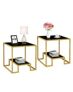 Kinsuite Accent End Table - Modern Brass Side Table with Storage Shelf, 2-Tier Tempered Glass Nightsrand for Living Room Bedroom Waiting Room, Black &amp; Golden-2