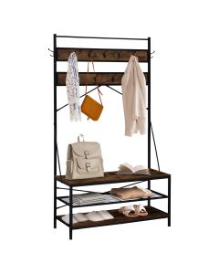 Kinsuite Coat Rack with Bench Storage shelves, Multifunctional Industrial Entryway Hall Tree with 2-Tier Shoes Shelves and Hooks for Living Room Bedroom Cloakroom, Rustic Brown 