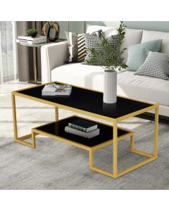 Kinsuite Accent Coffee Table - Modern Brass Center Table with Storage Shelf, 2-Tier Tempered Glass Center Coffee Table for Living Room Office Waiting Room, Black & Golden