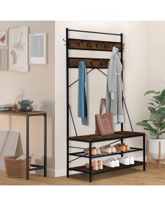 Kinsuite Coat Rack with Bench Storage shelves, Multifunctional Industrial Entryway Hall Tree with 2-Tier Shoes Shelves and Hooks for Living Room Bedroom Cloakroom, Rustic Brown 