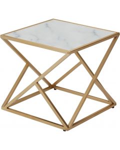 Kinsuite Modern Square Nightstand for Living Room Bedroom, Fashion Small End Table with White Marble Texture, Stable Wood Sofa Side Table with Gold Frame