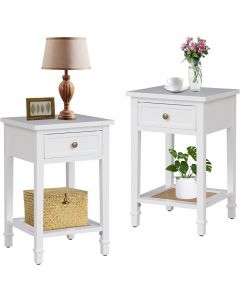 Kinsuite Set of 2 End Tables Bedroom Nightstands - Retro Side Table with Storage Shelf &amp; Drawer, Rattan Weave Pattern End Table for Living Room Bedroom Entryway, White