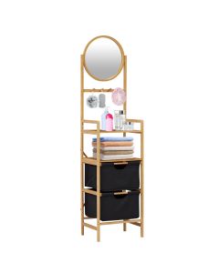 Kinsuite Bamboo Shelf Storage Cabinet - Freestanding Shelving Racks with 2 Drawers & 4 Hooks, Storage Corner Shelves with Adjustable Mirror for Living Room Bathroom Bedroom 