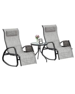 Kinsunny 3Pcs Rocking Chairs Outdoor Recliner with Round Coffee Table, Tempered Glass & Metal Frame Bistro Table, Adjustable Chairs with Removable Headrest & Side Pocket for Lawn Pool Garden, Grey