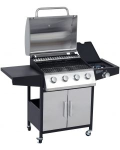 Kinsunny Patio BBQ Propane Gas Grill - 4 Burner Cabinet Style Outdoor Garden Barbecue Grill with Side Burner and Lockable Wheels for Camp Cooking Barbecue (Stainless Steel)