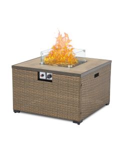 Kinsunny Propane Gas Fire Pit Table - 32 inch Square 40,000BTU Patio PE Rattan Wicker Gas Fire Table with Ceramic Tile Tabletop and Glass Wind Guard for Outdoor Garden, Backyard, Brown