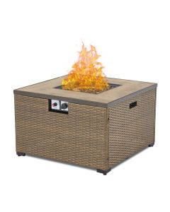 Kinsunny Propane Gas Fire Pit Table - 32 inch Square 40,000BTU Patio PE Rattan Wicker Gas Fire Table with Ceramic Tile Tabletop and Glass Wind Guard for Outdoor Garden, Backyard, Brown-32"x32"x20.5"
