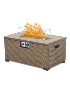 Kinsunny Propane Gas Fire Pit Table - 32 inch Rectangle 40,000BTU Patio PE Rattan Wicker Gas Fire Table with Ceramic Tile Tabletop and Glass Wind Guard for Outdoor Garden, Backyard, Brown-32"x20"x16" w/ glass guard
