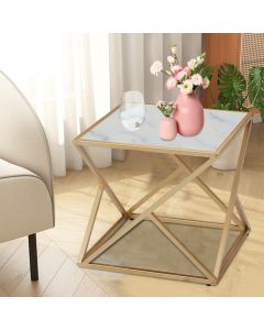 Kinsuite Modern Square Nightstand for Living Room Bedroom, Fashion Small End Table with White Marble Texture, Stable Wood Sofa Side Table with Gold Frame
