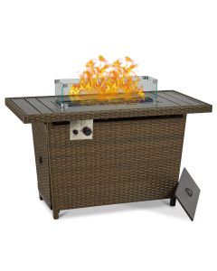 Kinsunny 44 Inch Outdoor Propane Gas Fire Pit Table, Patio Wicker 50,000 BTU Ignition Rectangle Rattan Firepit Table with Rain Cover/Wind Guard/Steel Cover/Blue Fire Glass, Brown
