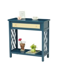 Kinsuite Console Table Entryway Table, 2-Tier Sofa Table with Rattan Drawer and Bottom Shelf, Accent Sofa Table for Living Room Bedroom Hallway, Blue
