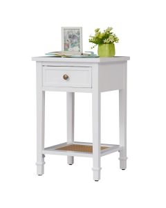 Kinsuite End Table Bedroom Nightstands - Retro Side Table with Storage Shelf & Drawer, Rattan Weave Pattern End Table for Living Room Bedroom Entryway, White