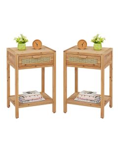 Kinsuite Set of 2 Mid Century Rattan Nightstand with Drawers - Natural Wood Modern Side Table with Woven Pattern Drawer and Shelf Storage, Rustic Farmhouse Style End Table for Living Room Entryway Bedroom