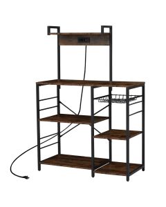 Kinsuite Bakers Rack with Power Outlet - Microwave Stand, Coffee Bar Station w/Wire Basket, Kitchen Storage Shelf with 6 S-Hooks, Kitchen Rack for Spices, Pots, Pans, Rustic Brown and Black