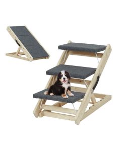 Kinpaw Wood Pet Stairs Steps - 3-Level Foldable Pet Steps Portable Dog Ramp, 2-in-1 Foldable Carpeted Dog Stairs Dog/Cat Ladder for Bed Car Sofa