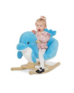 Rocking Horse Rocker - Animals Ride-On Toy, Plush Wooden Rocker with 32 Nursery Rhymes Seat Belts, Dolphin