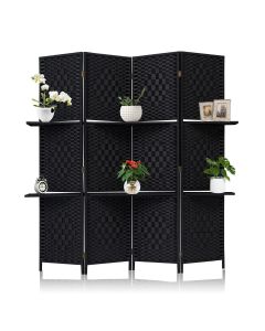 Kinsuite Room Divider Portable Wide-Diamond Rattan Weave 4 Panel Privacy Folding Screen with 2 Removable Storage Shelves for Living Room Restaurant Office