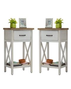 Kinsuite Set of 2 Farmhouse Wooden Nightstands Bedroom - High Bedside Table, Narrow Modern End Table, Side Table with 1-Drawer and Open Storage Shelf, for Living Room Distressed Retro White